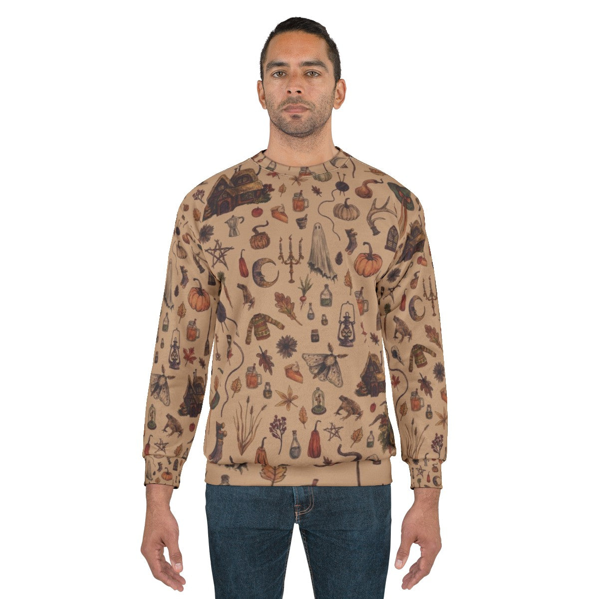 Rustic brown cozy crone sweatshirt with witchy, cottagecore design - men