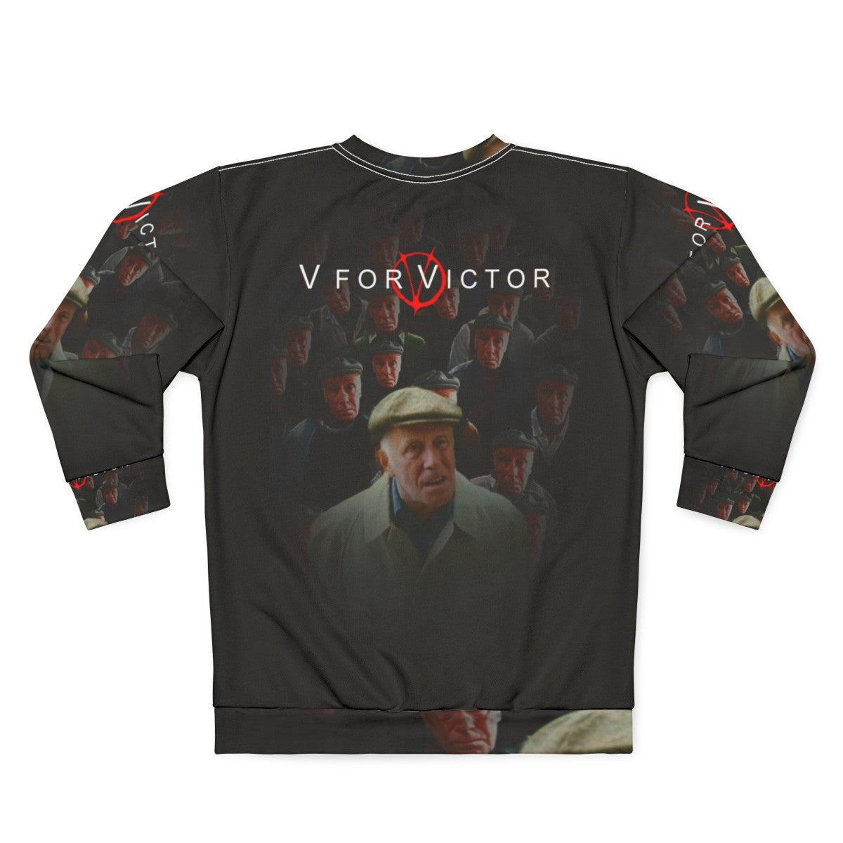 "V For Victor" graphic design on a cozy sweatshirt - Back