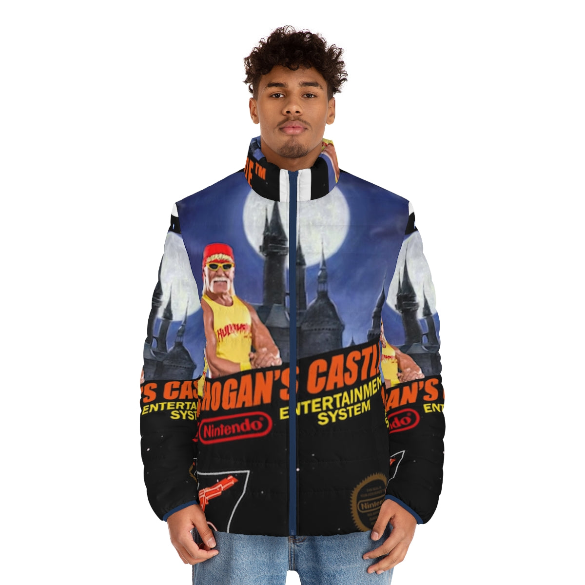 Hogans Castle Puffer Jacket featuring videogame dunkey and beeg beeg yoshi - men front