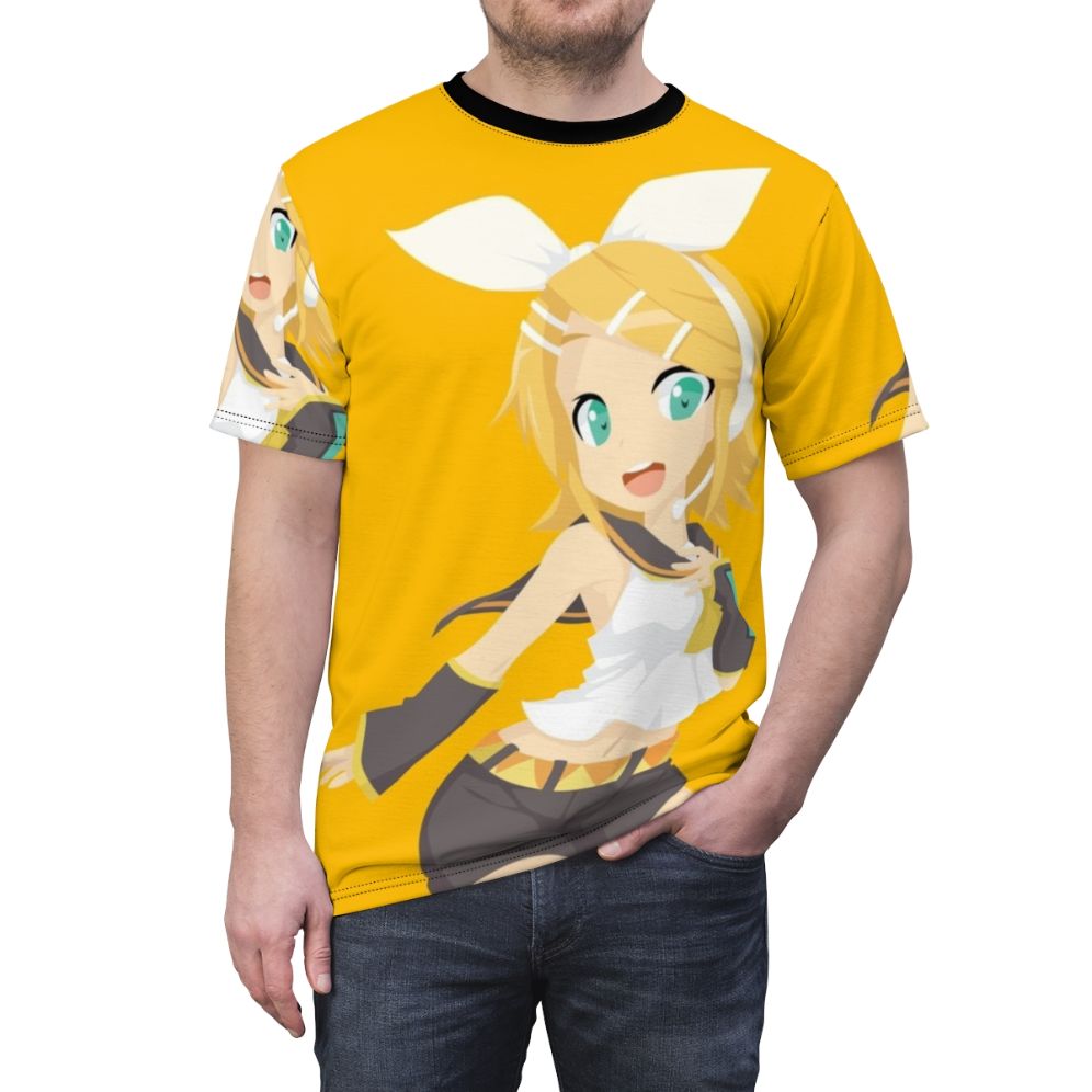 Stylized illustration of Kagamine Rin on a high-quality t-shirt - men front