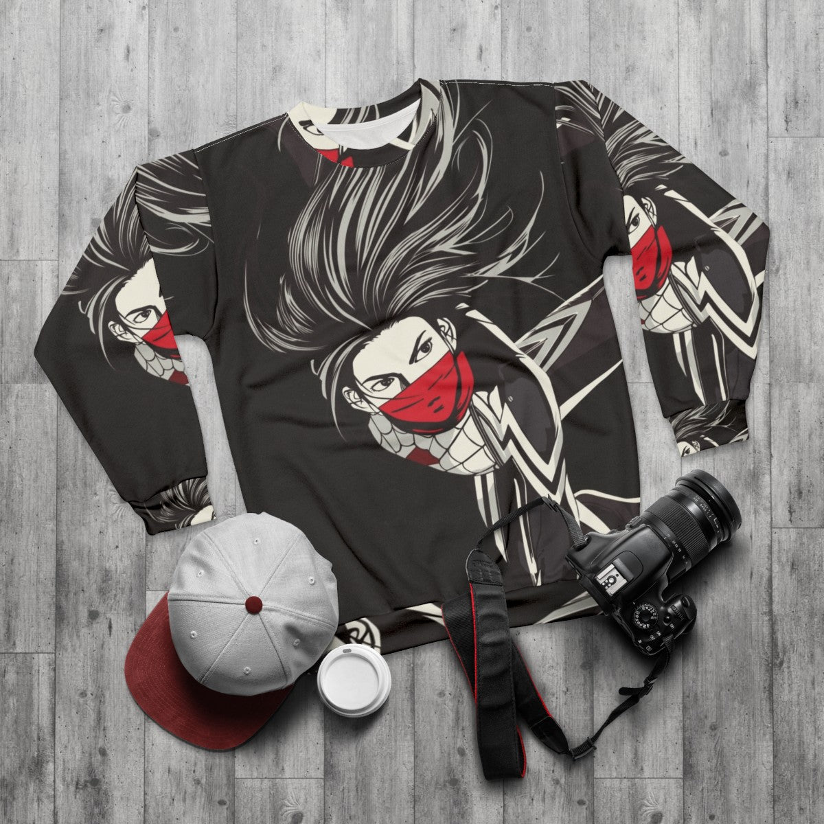 Cindy Moon 'Silk' Spiderverse Marvel Sweatshirt in Black & White - flat lay