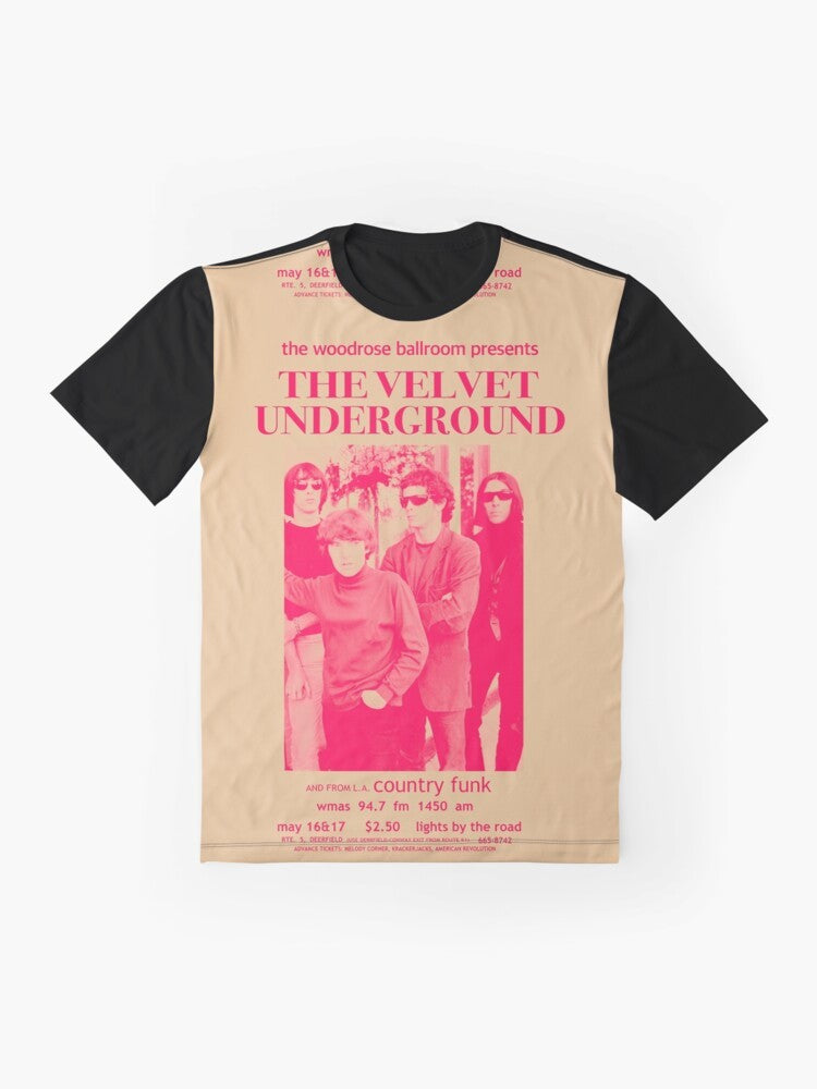 Vintage Velvet Underground promo poster graphic printed on a colorful t-shirt - Flat lay