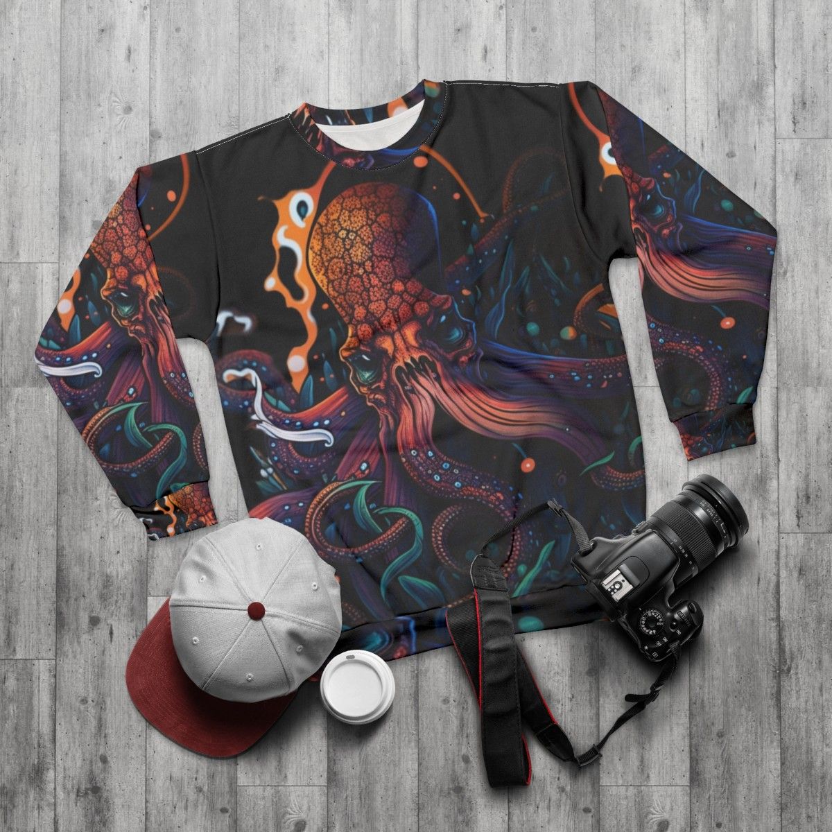 Mythical sea creatures sweatshirt featuring fantastical beasts - flat lay