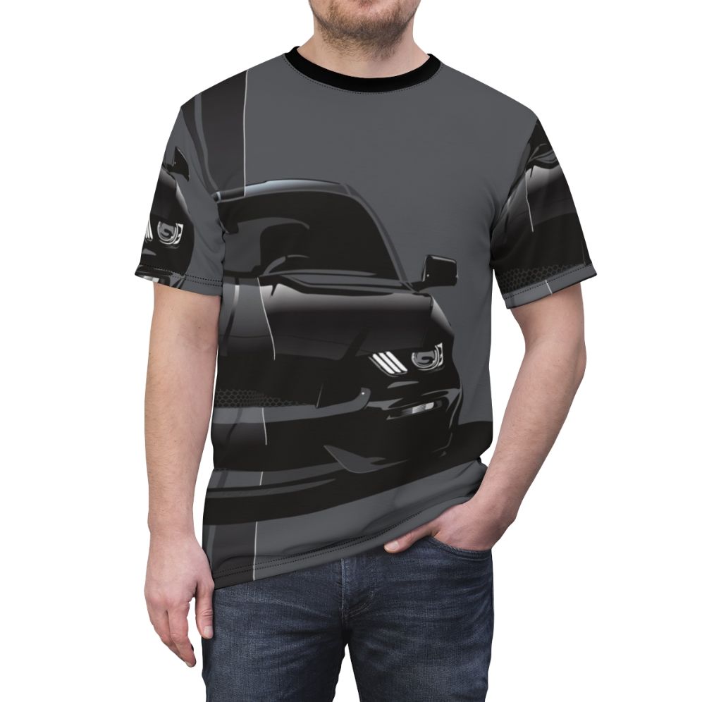 Black T-shirt with racing stripes and automotive design - men front