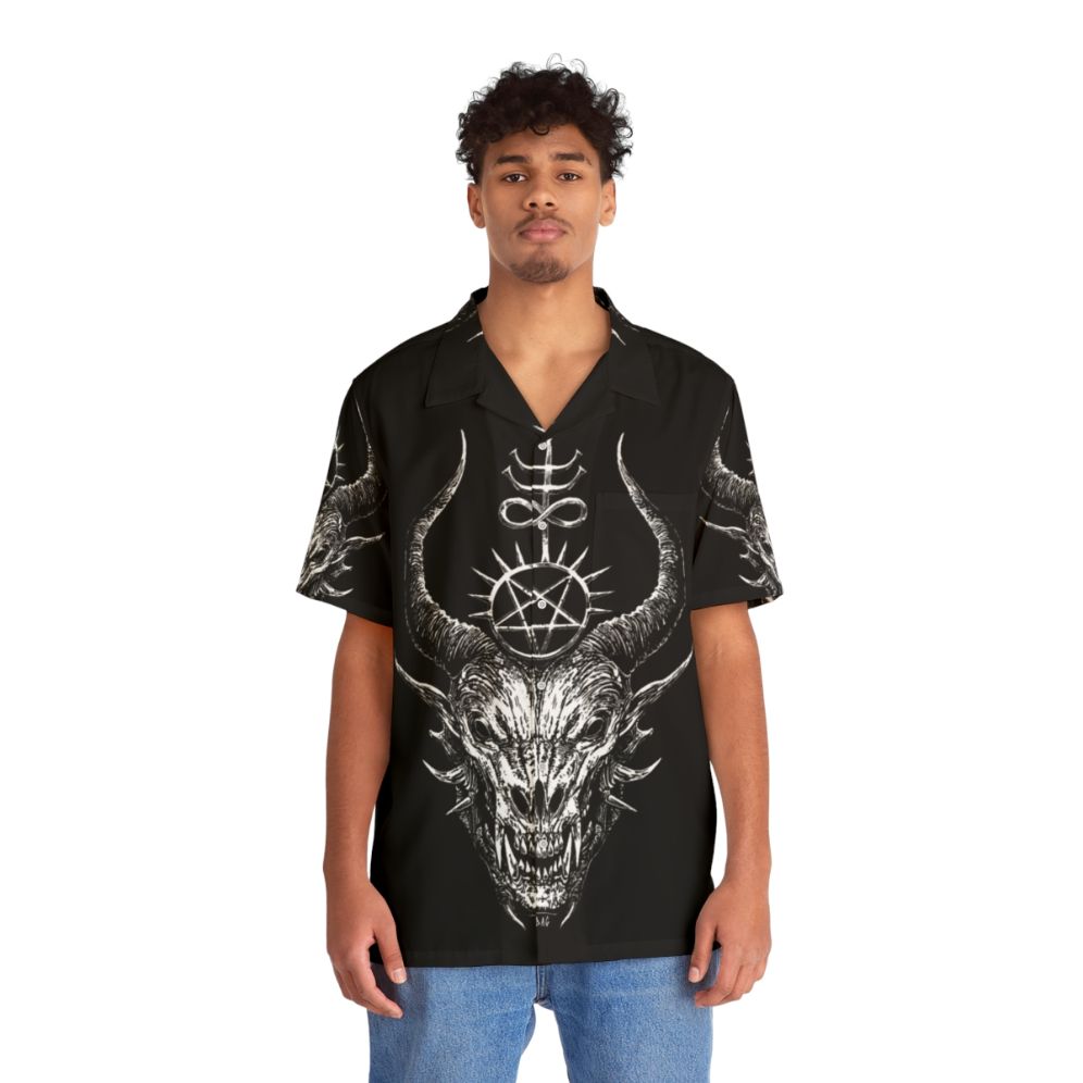 Dark Satanic Demon Hawaiian Shirt with Leviathan Cross Design - People Front