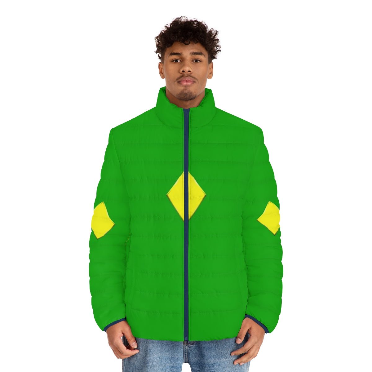 Yellow diamond puffer jacket with superhero-inspired design - men front