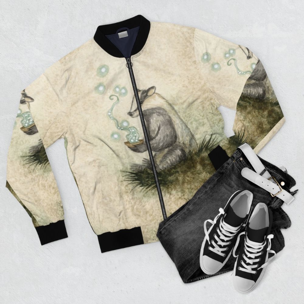 Badger Magick Bomber Jacket with fantasy elements and design - Flat lay