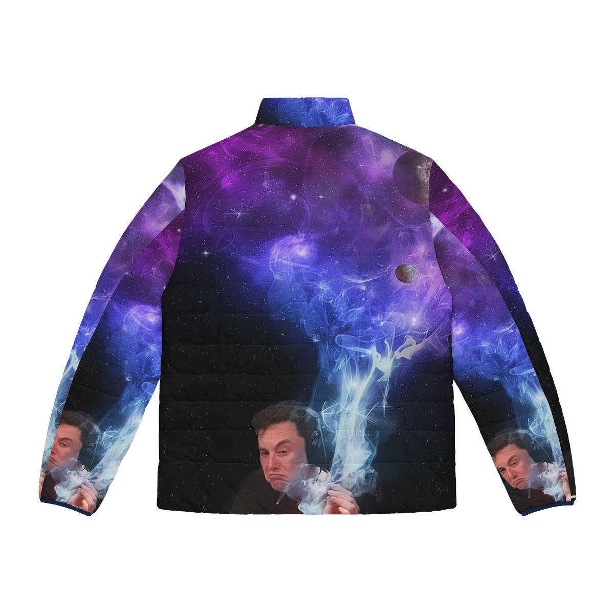 Elon Musk Puffer Jacket with a cosmic, space-themed design featuring smoking and the universe - Back