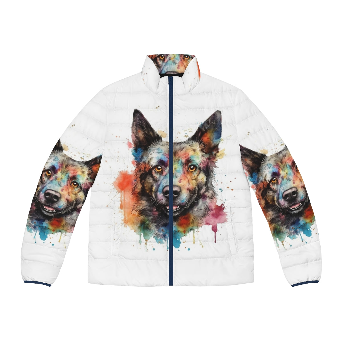 Bright watercolor painting of a Hungarian Mudi dog on a puffer jacket