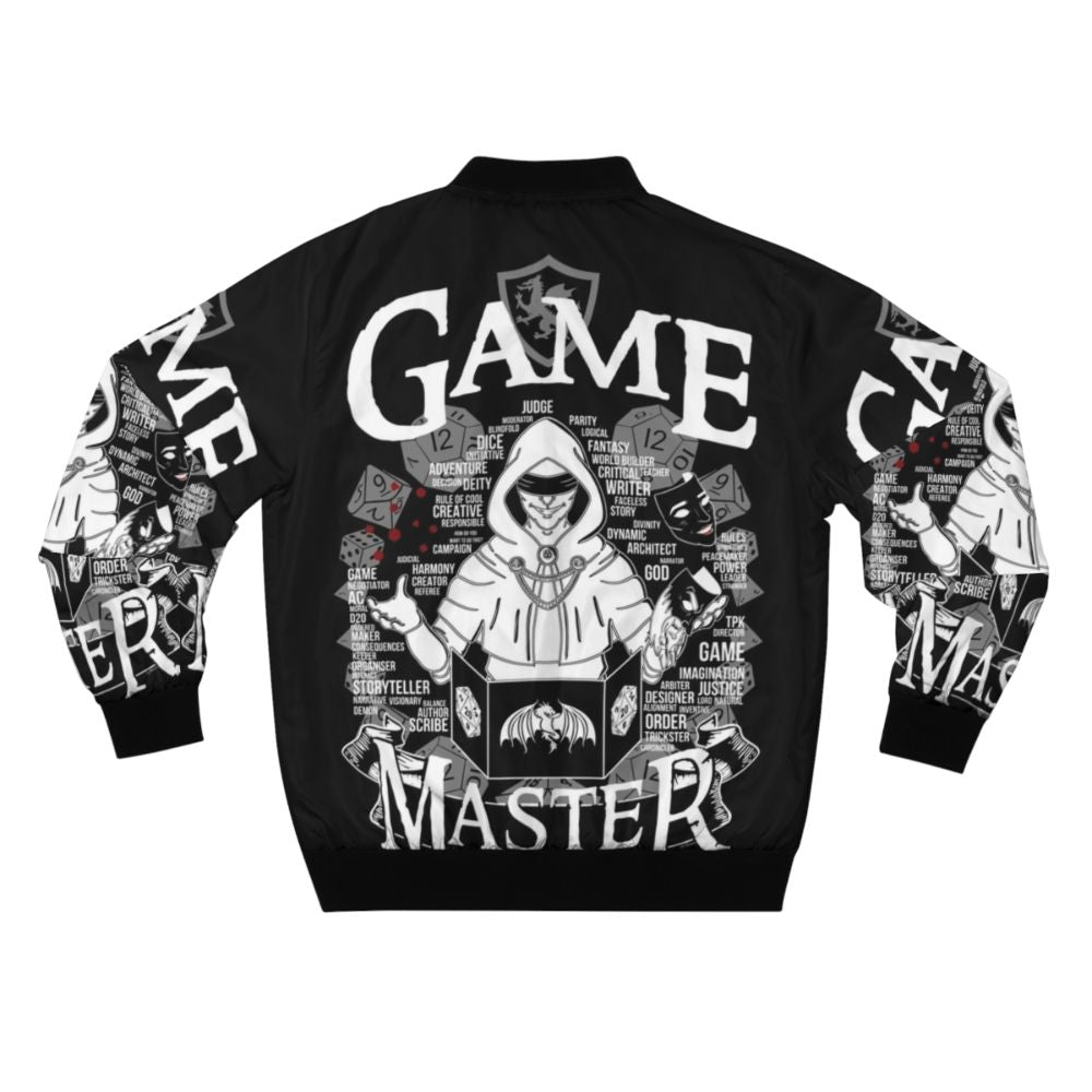 A white bomber jacket with a game master graphic design, perfect for tabletop roleplaying enthusiasts. - Back