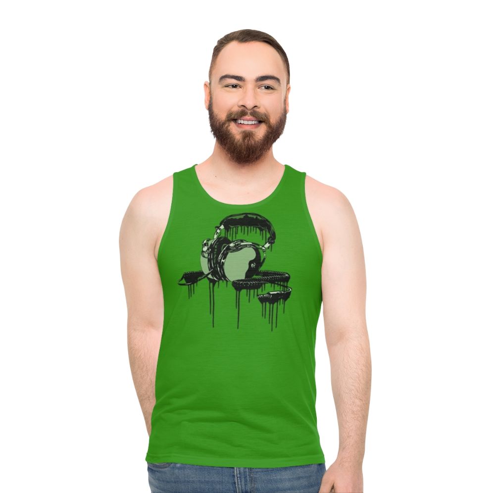 Classic Shells Unisex Tank Top featuring retro 70s album cover design and headphones - men