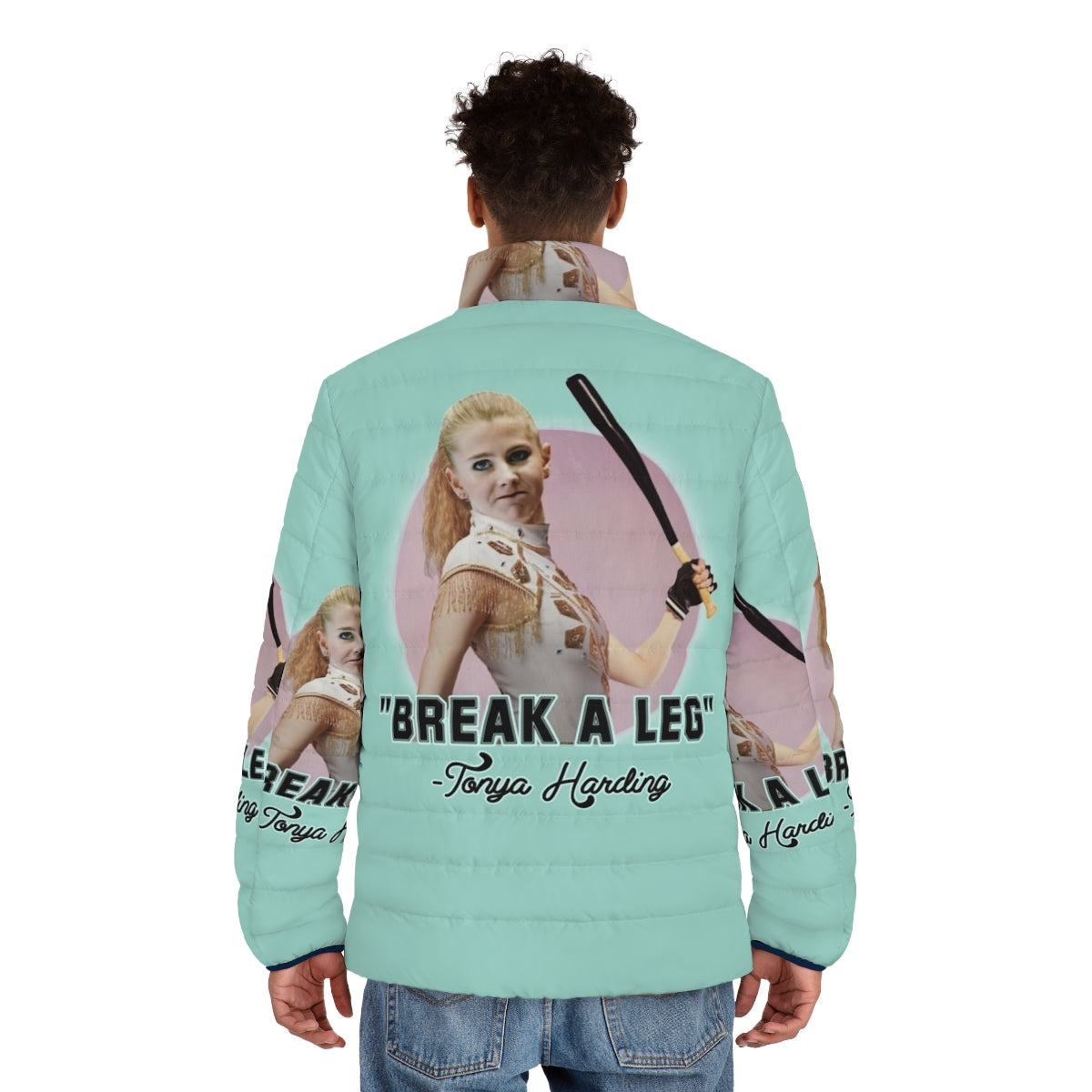 Tonya Harding Puffer Jacket featuring quirky and humorous pop culture art - men back