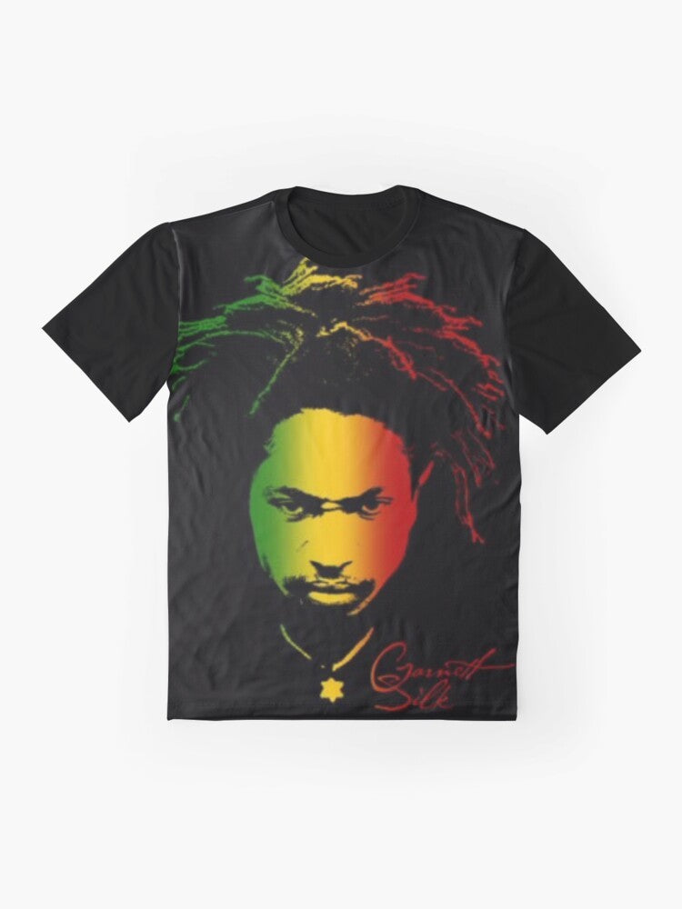 Rasta graphic t-shirt with garnet silk design featuring "nothing can divide us" and "love is the answer" messages - Flat lay