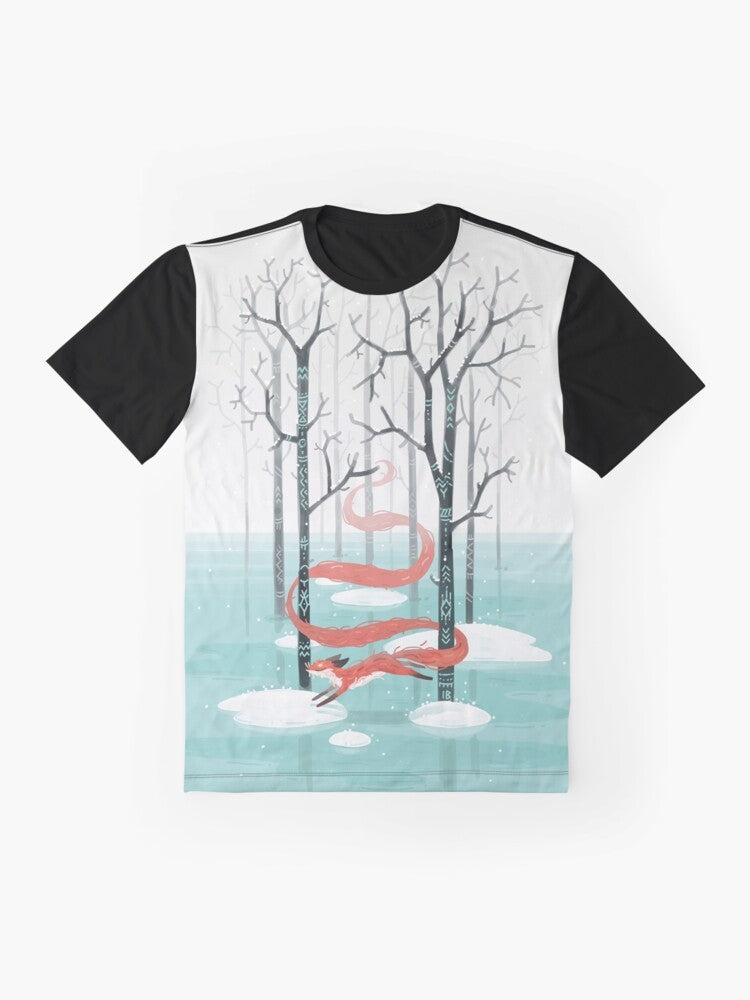 Cozy forest spirit graphic t-shirt featuring a cute fox in a winter wonderland - Flat lay