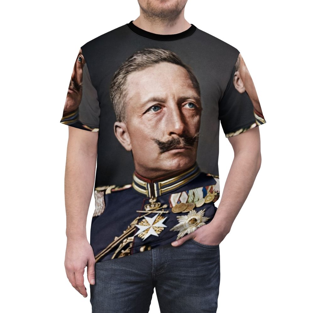 Vintage-style t-shirt with a colorized portrait of Kaiser Wilhelm II, the last emperor of Germany - men front