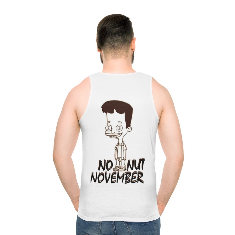 Unisex no nut november tank top with big mouth hormone monster design - men back