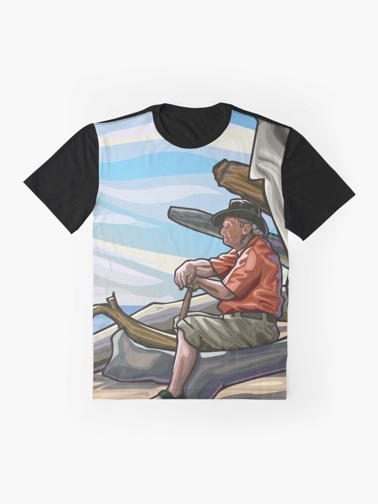 Coastal graphic t-shirt featuring abstract beach art design - Flat lay