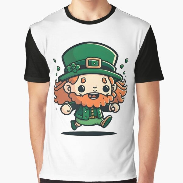 A happy leprechaun wearing a green hat and bow tie on a graphic t-shirt design