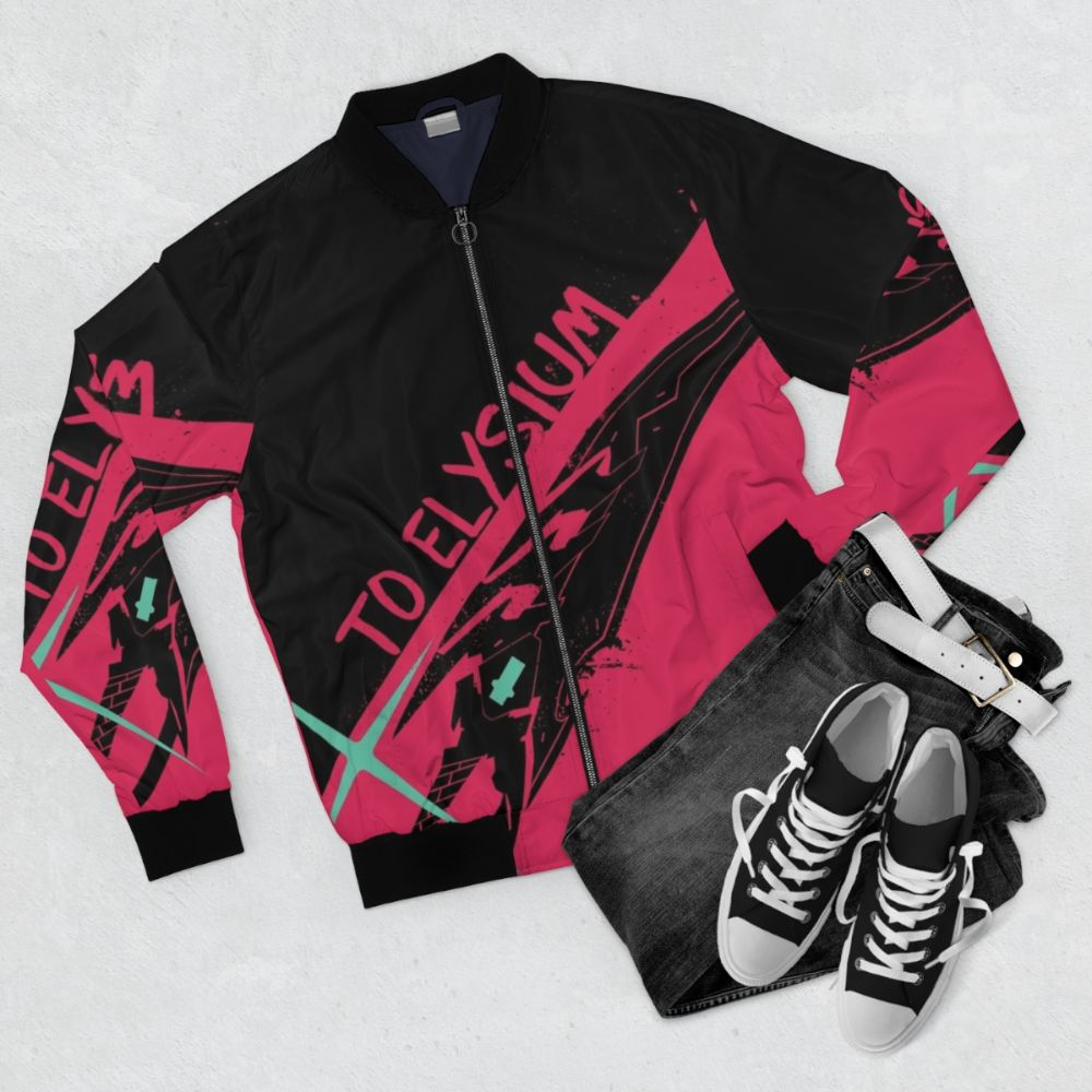 Xenoblade Chronicles 2 Pyra Bomber Jacket featuring the Aegis character - Flat lay