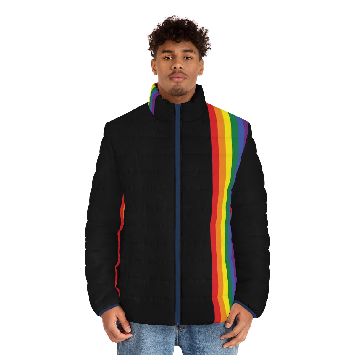 Colorful rainbow puffer jacket with LGBTQ pride stripe design - men front