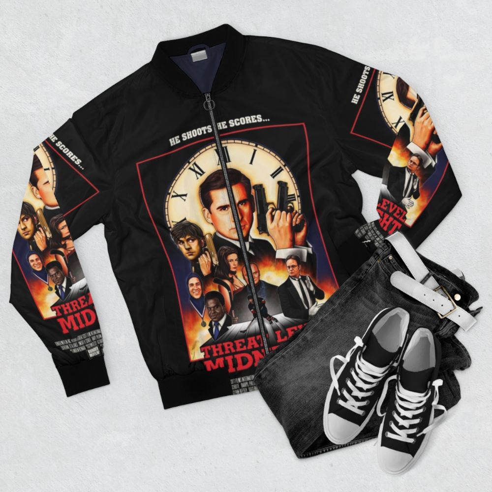 Threat Level Midnight bomber jacket with The Office character designs - Flat lay