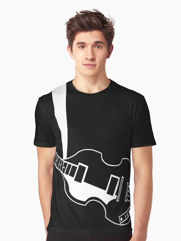 Vintage-style t-shirt featuring a graphic design of a violin bass guitar, a nod to the iconic Hofner bass played by The Beatles' Paul McCartney. - Men