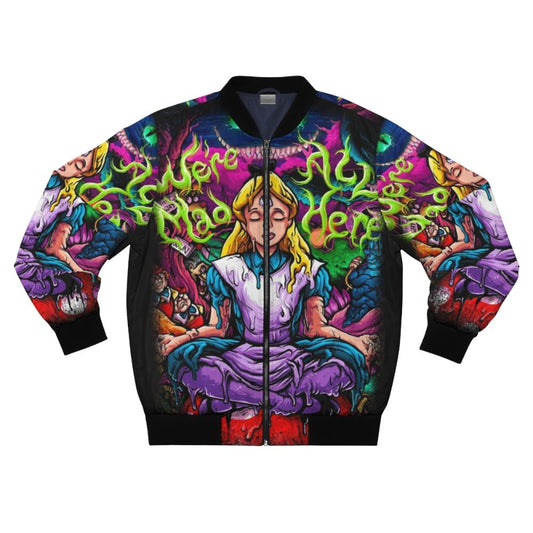 Colorful Alice in Wonderland inspired bomber jacket with psychedelic patterns