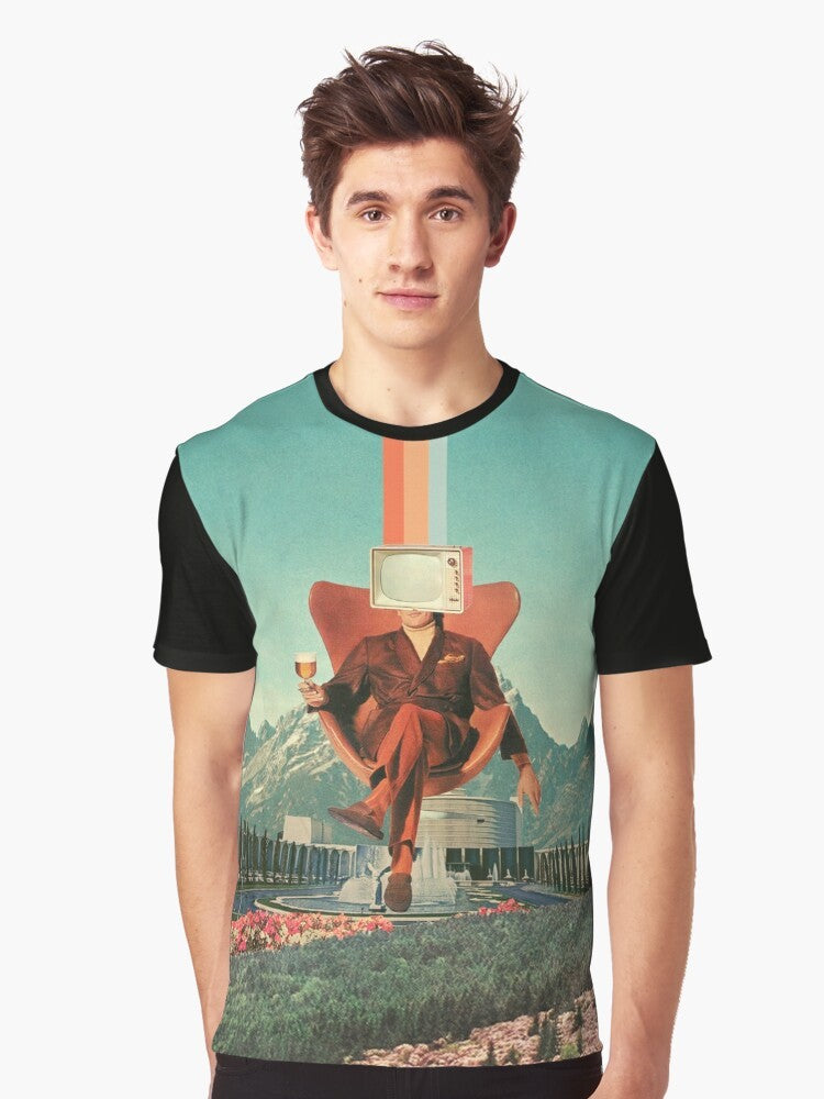 Vintage pop surrealism graphic t-shirt with a surreal collage design featuring a man, mountains, and a television set. - Men