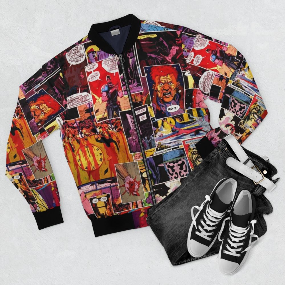 Watchmen comic book superhero bomber jacket featuring a collage of iconic characters and panels - Flat lay