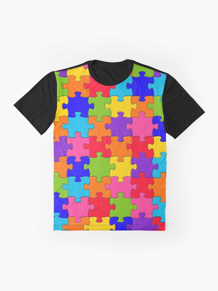 Vibrant jigsaw puzzle graphic t-shirt with a colorful rainbow mosaic pattern - Flat lay