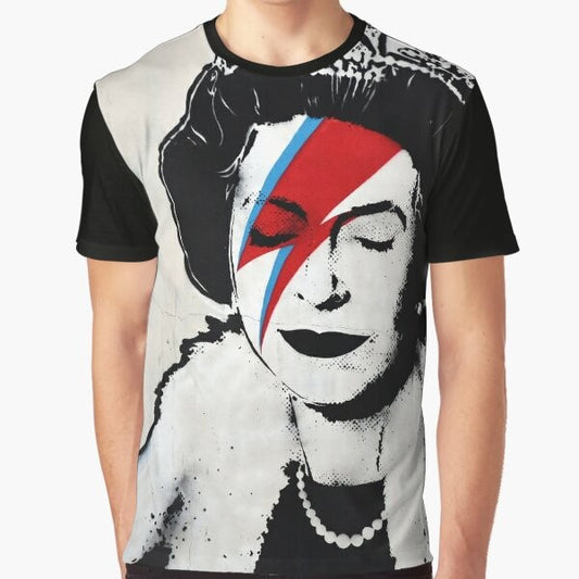 Banksy-inspired graphic t-shirt featuring the Queen Elizabeth's face with a rock band makeup design