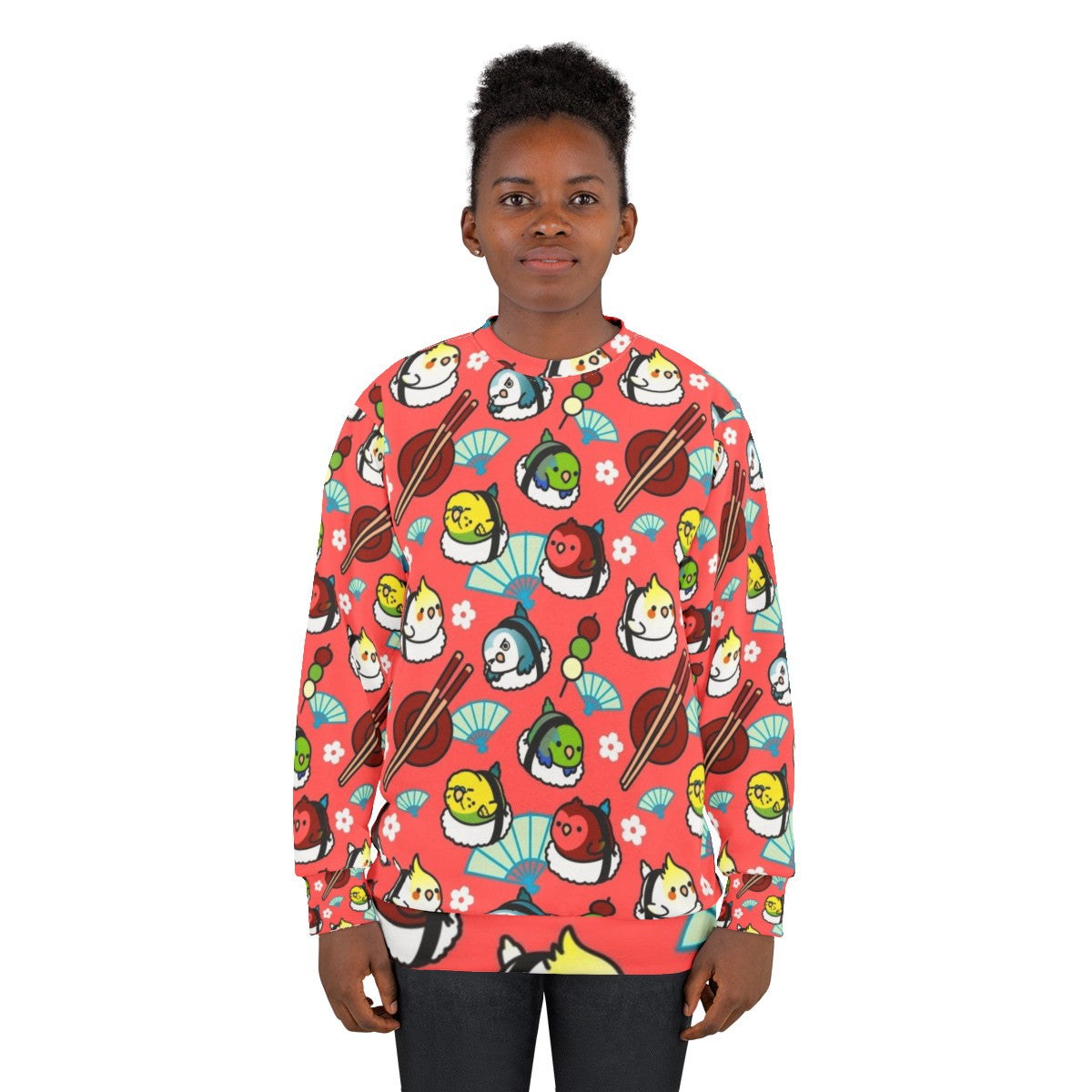 Colorful sushi time sweatshirt with Cody the lovebird - women