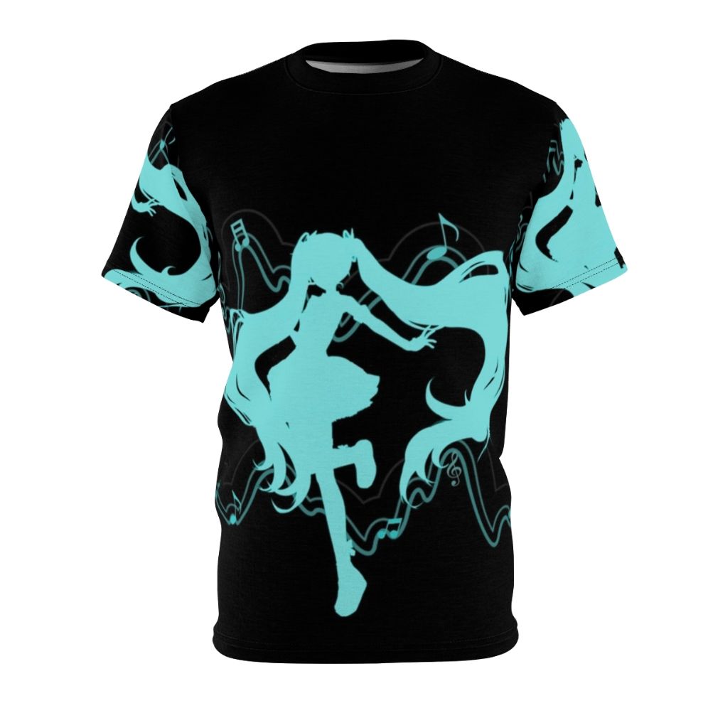 Colorful digital art of Hatsune Miku, the popular vocaloid music idol, surrounded by musical notes on a t-shirt.