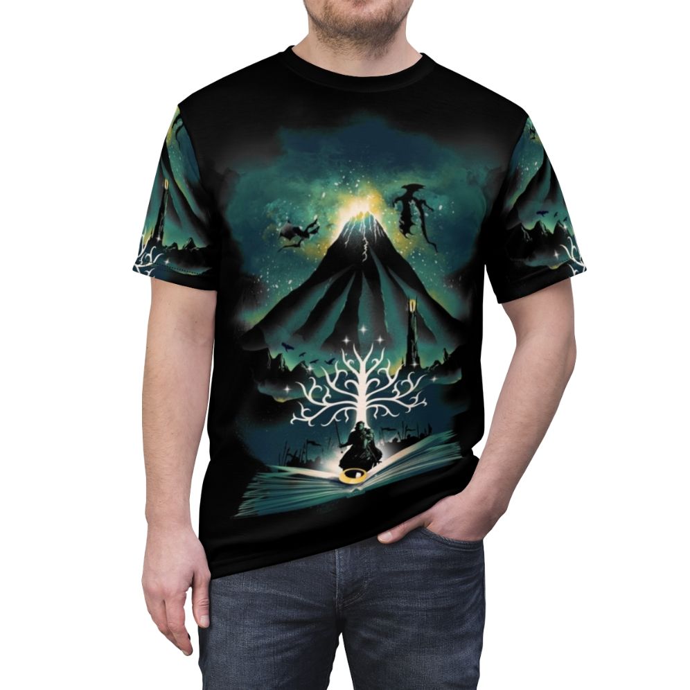 T-shirt with an abstract, artsy design featuring a magical, fantasy book theme - men front