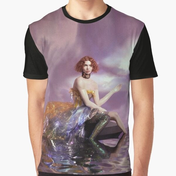 Graphic T-shirt featuring the name "SOPHIE" in an iridescent, ethereal design with LGBTQ+ and electronic music themes.