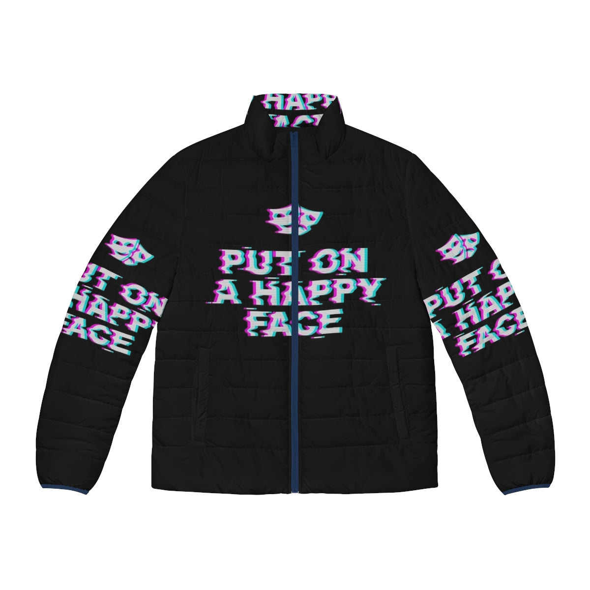 A vintage-inspired puffer jacket with the Joker's iconic "happy face" design, blending pop culture and ironic typography.