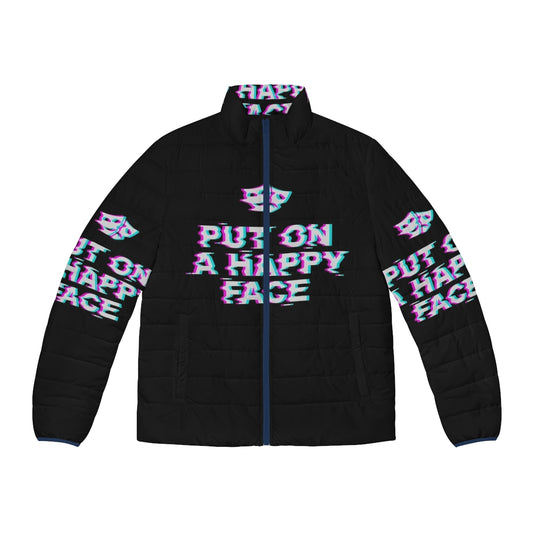 A vintage-inspired puffer jacket with the Joker's iconic "happy face" design, blending pop culture and ironic typography.