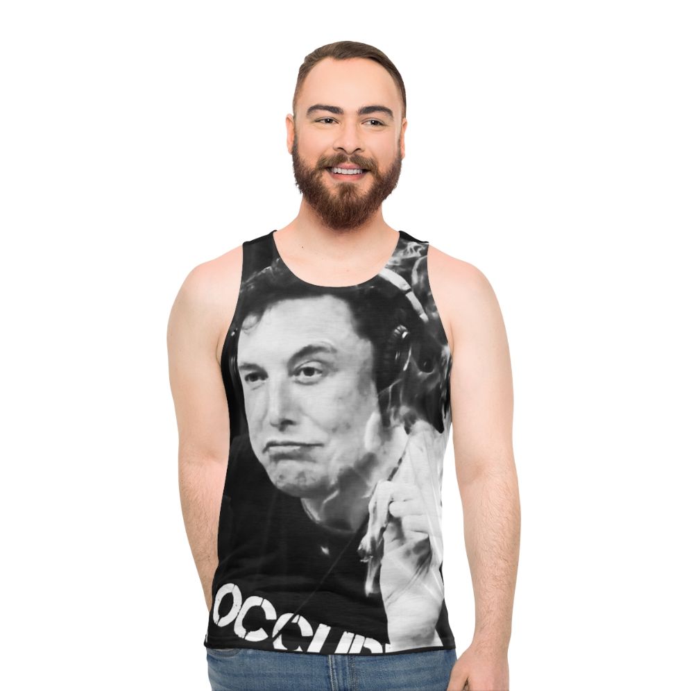 Unisex tank top with Elon Musk inspired smoking design - men