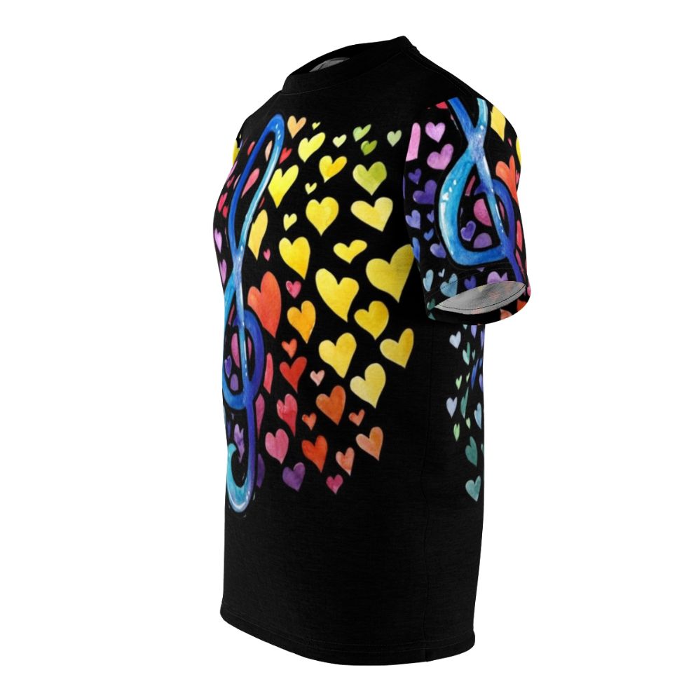 Colorful t-shirt design featuring a heart and musical notes representing the love of music - men left