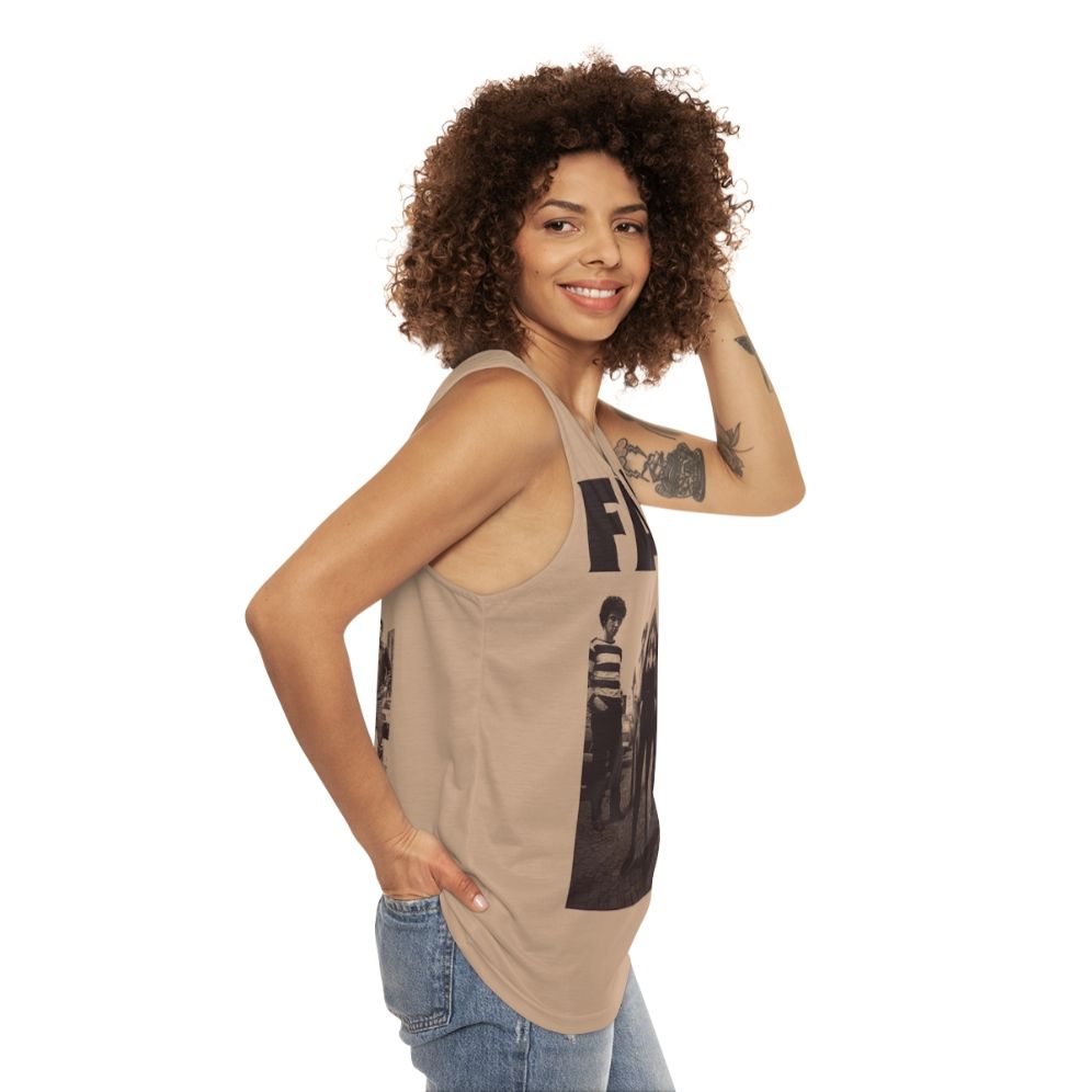 Unisex Dragnet Tank Top for Punk and Post-Punk Fans - women side