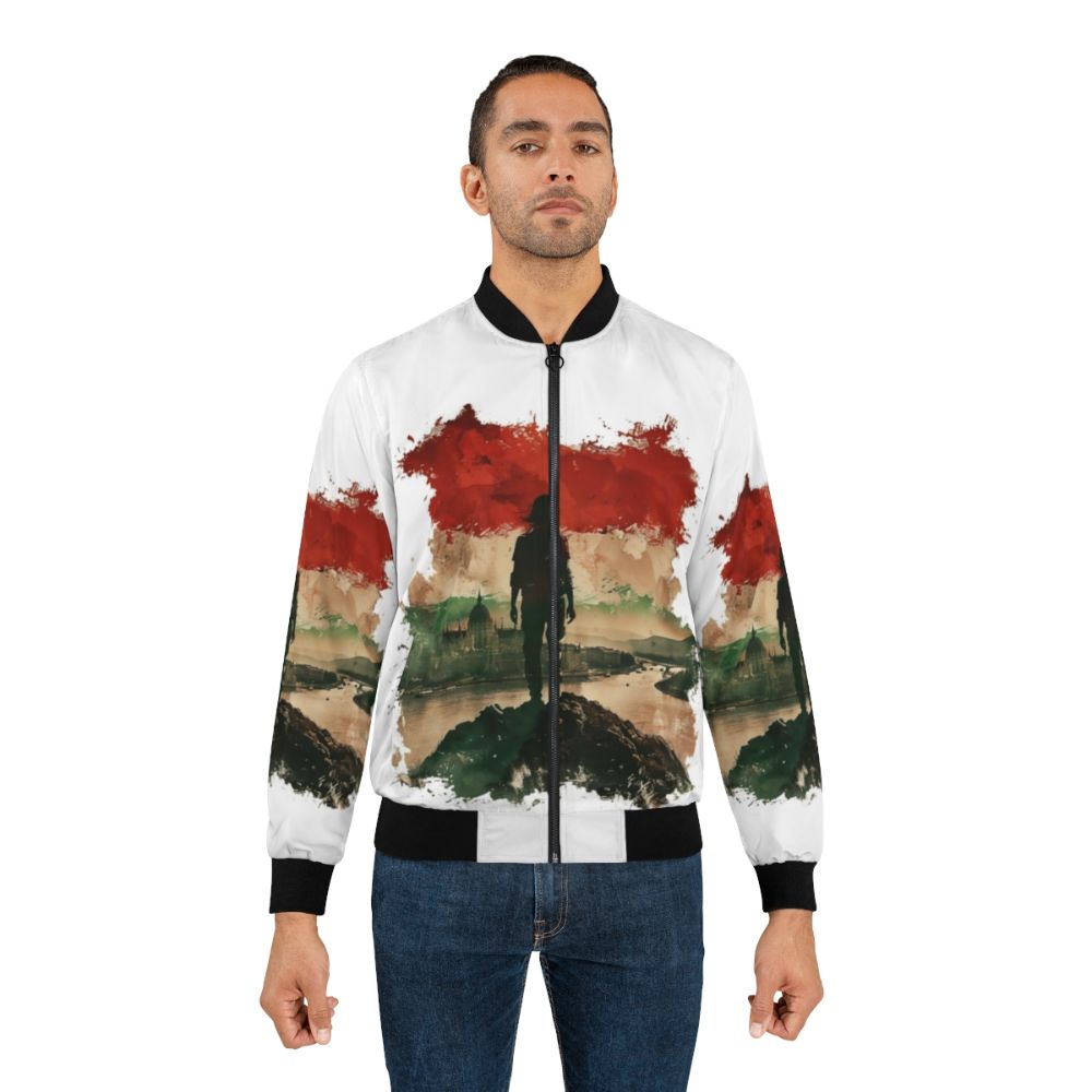 Hungarian flag printed on a bomber jacket with a scenic city backdrop - Lifestyle