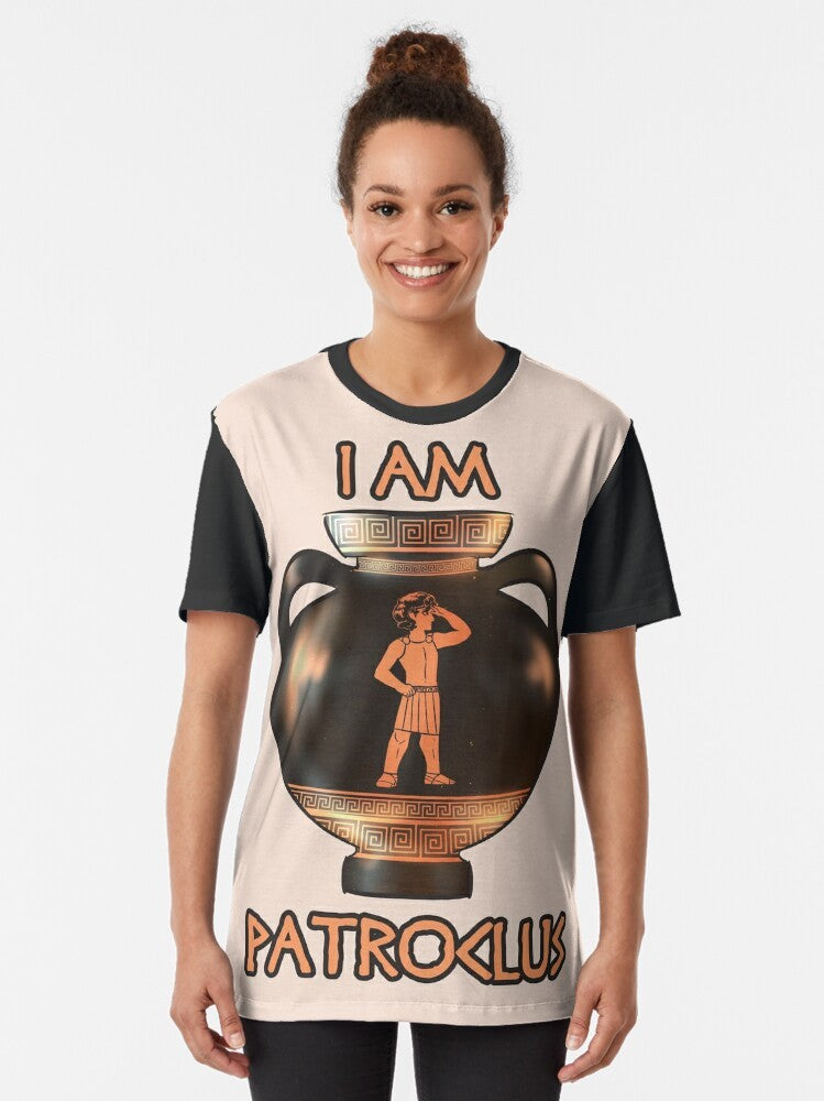 Graphic T-shirt featuring Achilles and Patroclus, inspired by Greek mythology and the Iliad - Women