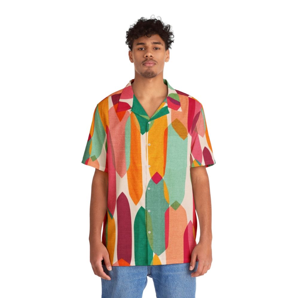 Mid-century modern inspired Hawaiian shirt with a colorful, abstract geometric print design - People Front