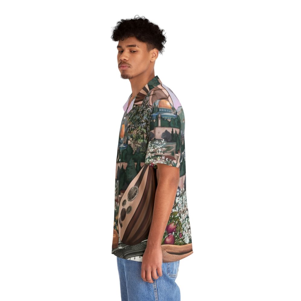 Authentic Arabic-Inspired Hawaiian Shirt with Palm Trees, Olive Trees, and Kuffiyah Pattern - People Left