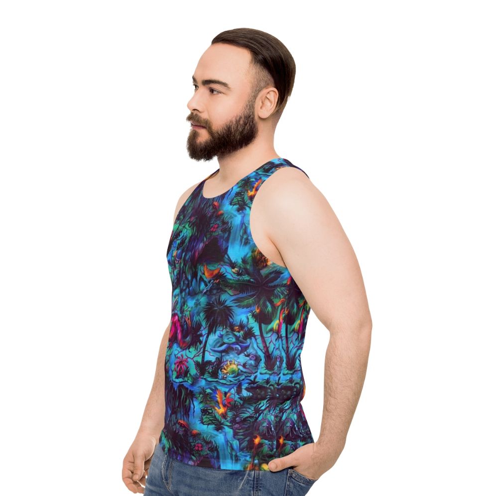 Paleo party dinosaur tank top with trippy neon prehistoric creatures - men side