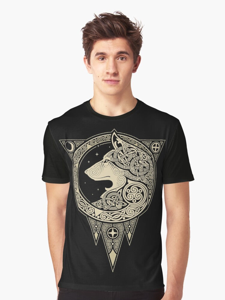 Norse wolf graphic t-shirt featuring mystical Scandinavian mythology elements - Men