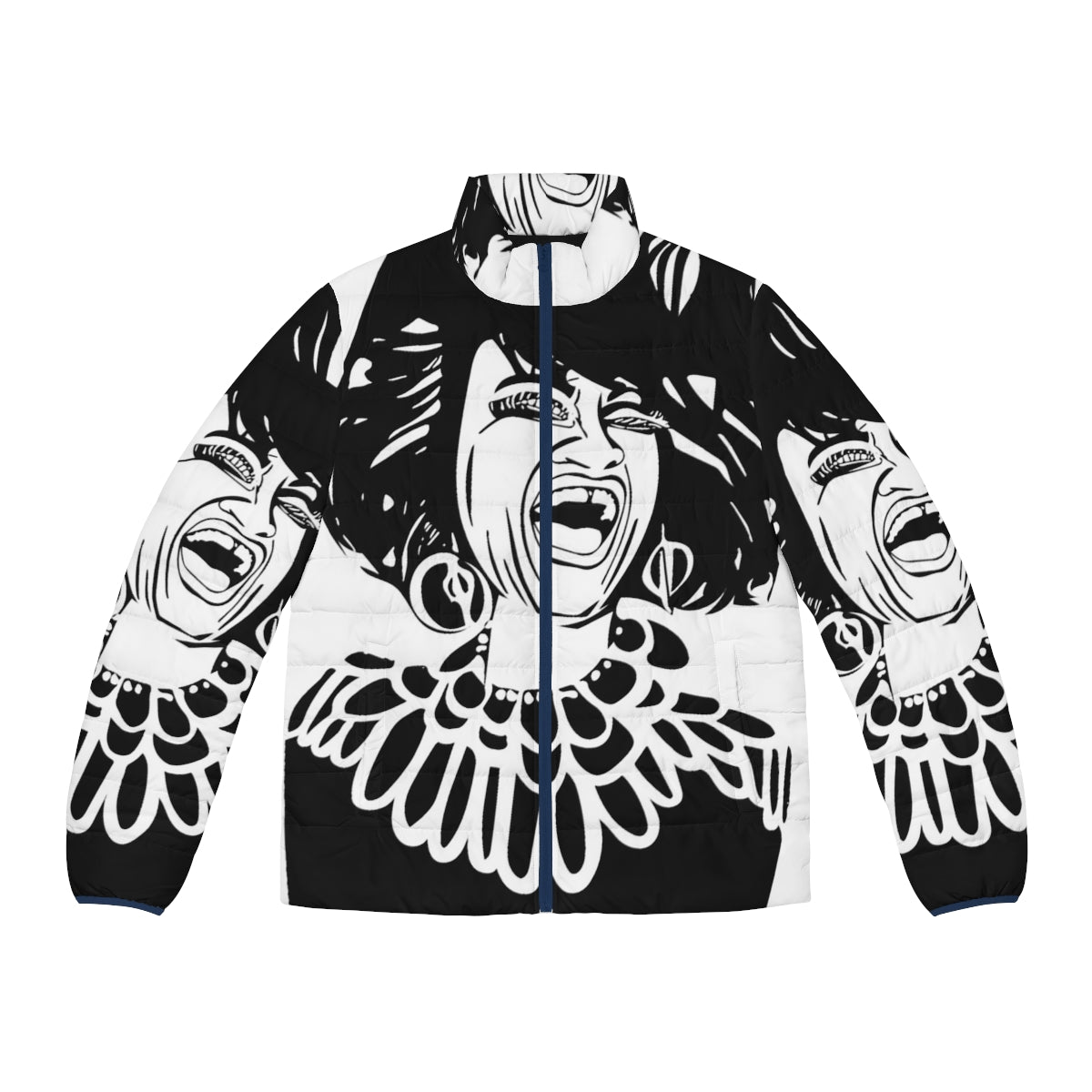 Celia Cruz Puffer Jacket featuring a black and white screenprint portrait of the iconic Cuban singer