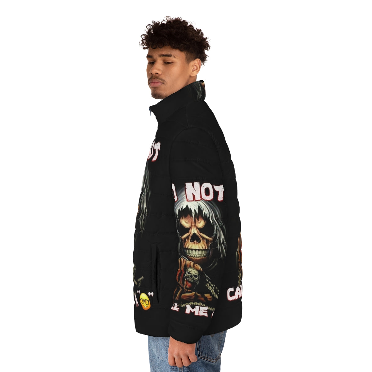 A puffer jacket with a skull design, representing the subversive and rebellious nature of the product. - men side left