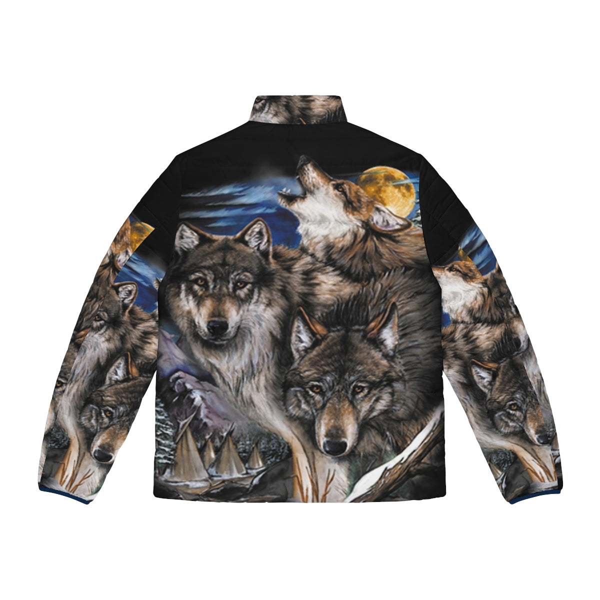 Howling wolves in the moonlight on a puffer jacket for outdoor adventure - Back