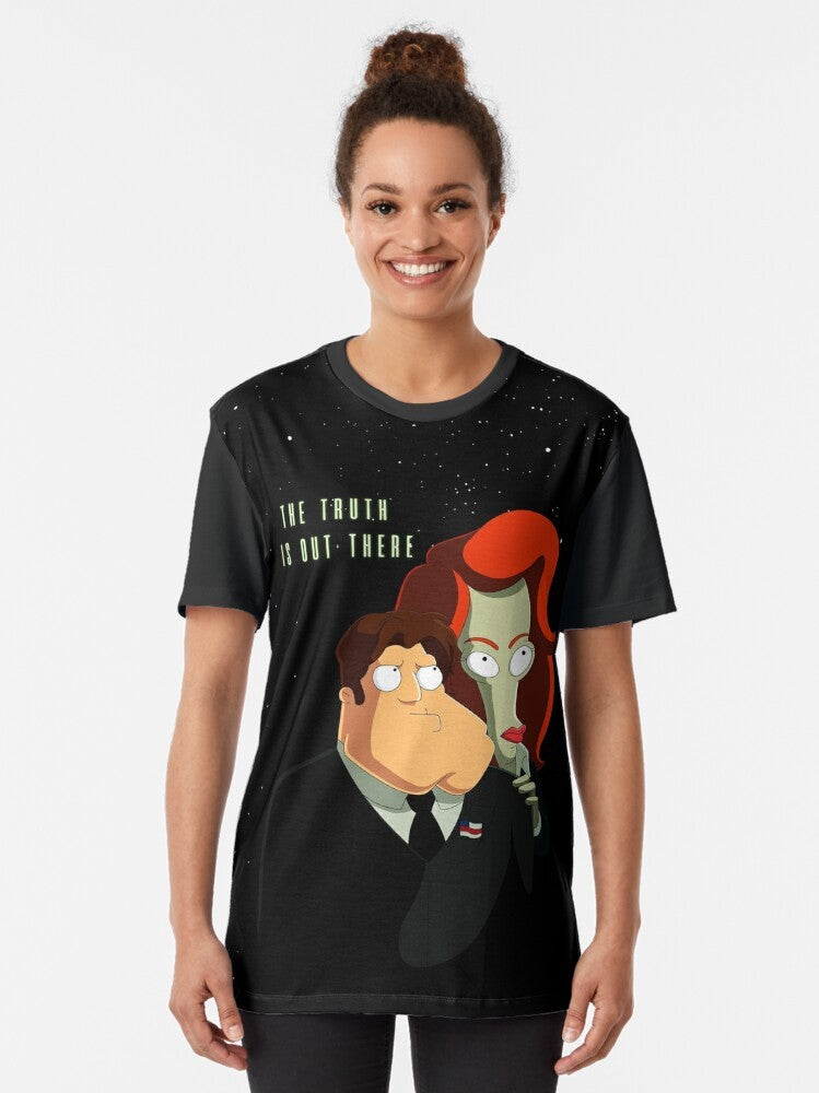 "Truth is Out There" graphic t-shirt featuring American Dad's Roger the Alien and X-Files inspired design - Women